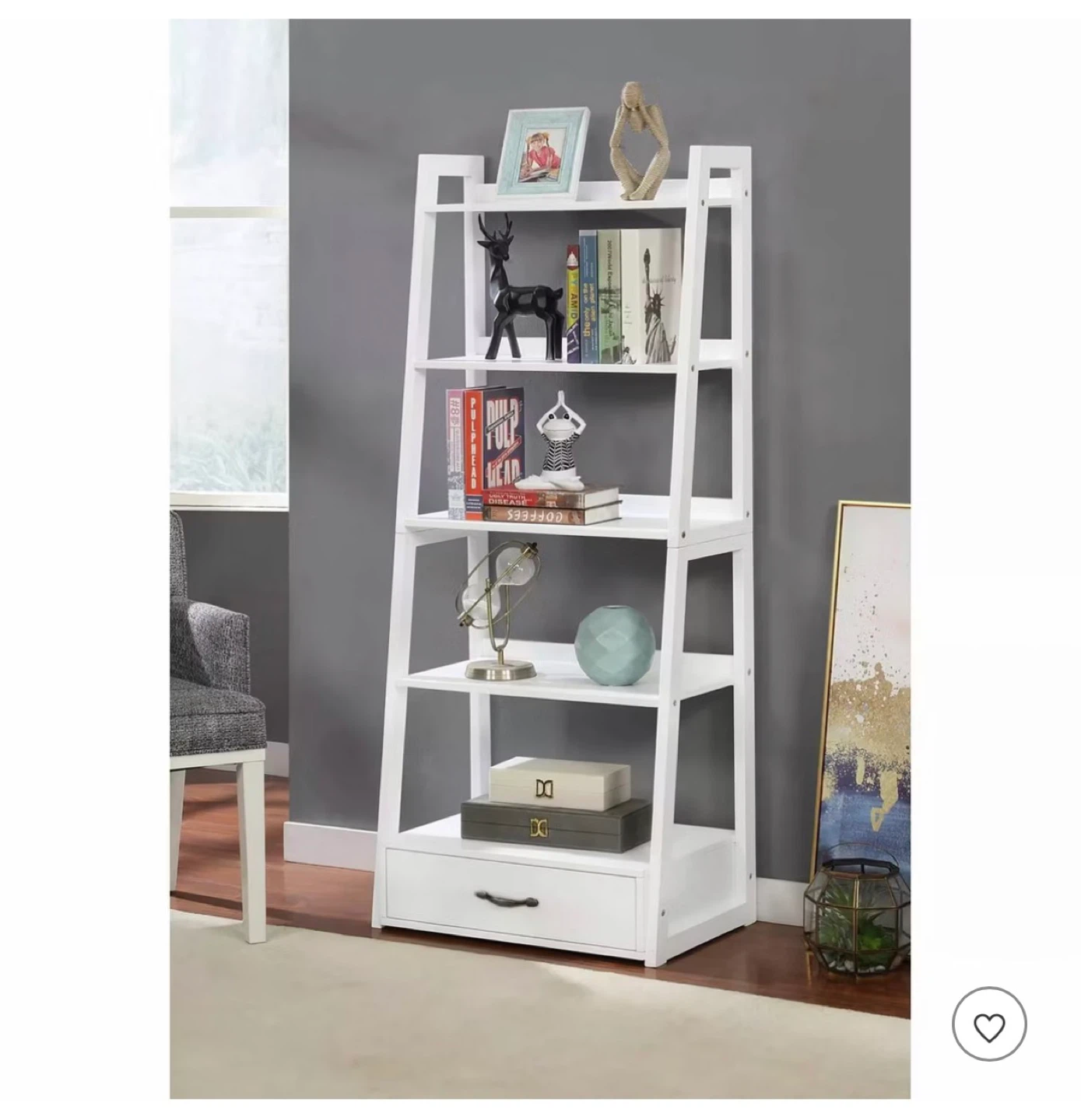 OBO - Brown Wooden Slanted Ladder Shelf with Bottom Drawer