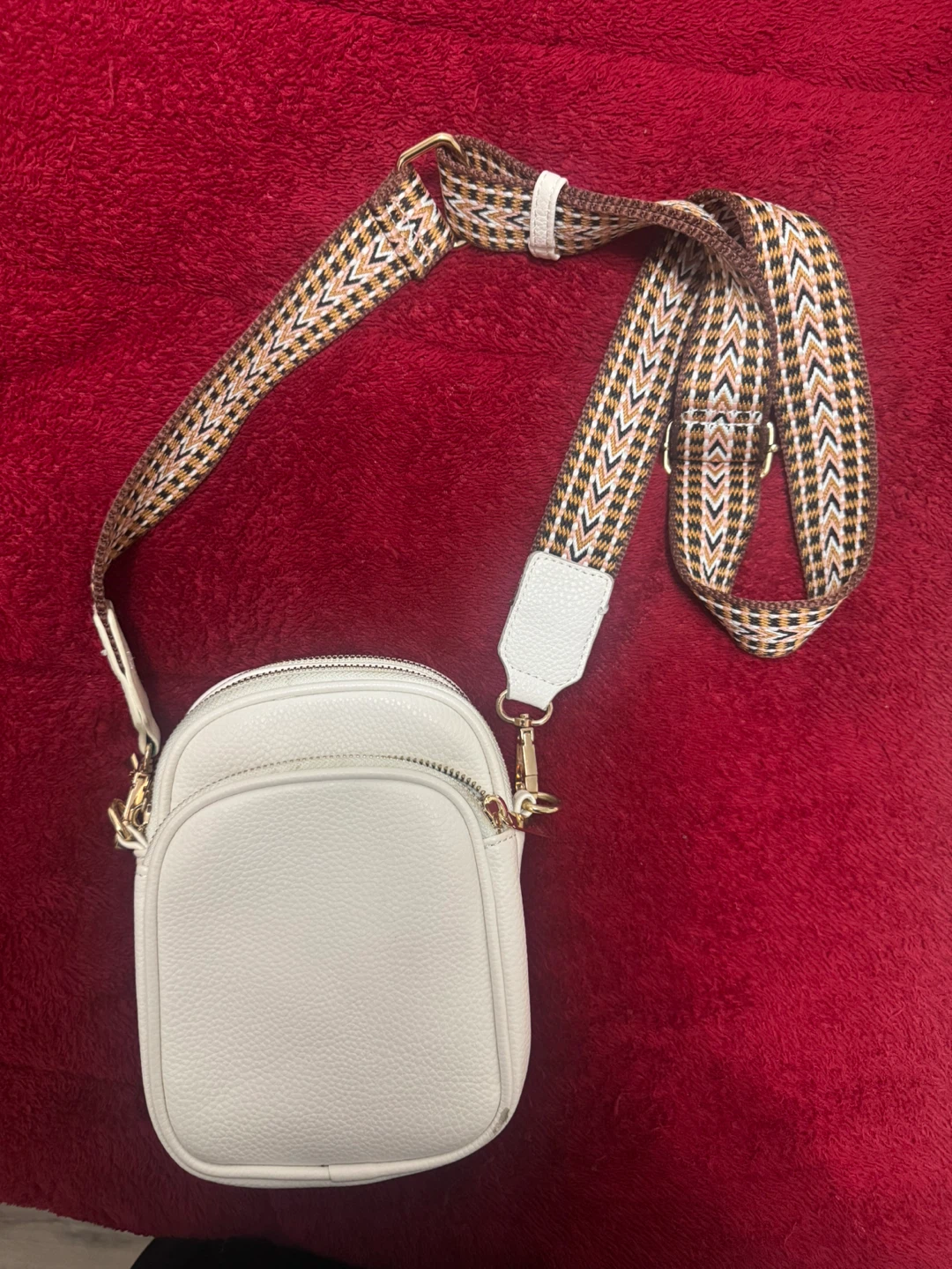 White Crossbody Bag with Patterned Strap