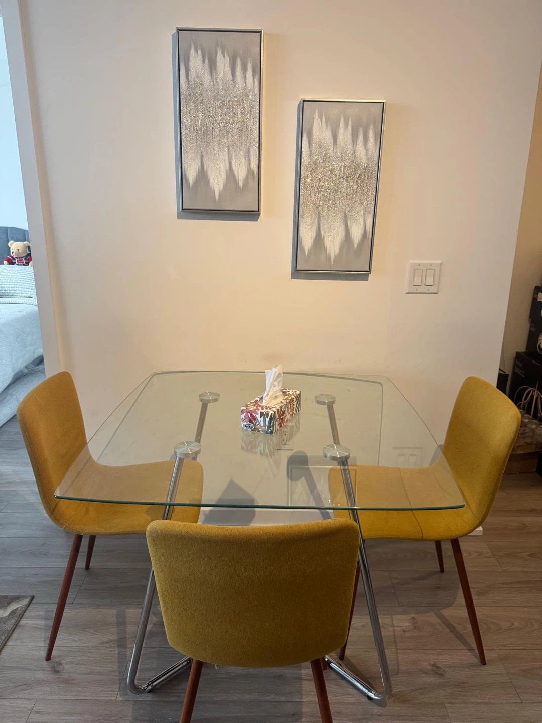 Glass Dining Table with 4 Yellow Chairs