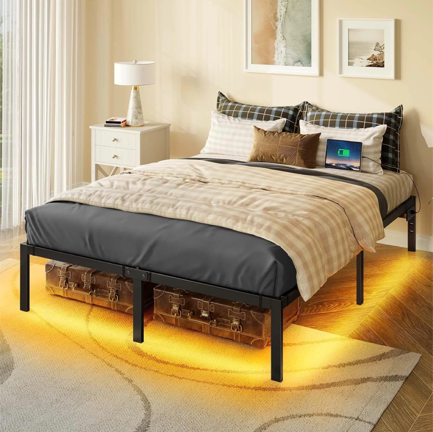 2x Queen Size Metal Bed Frame with LED Lights