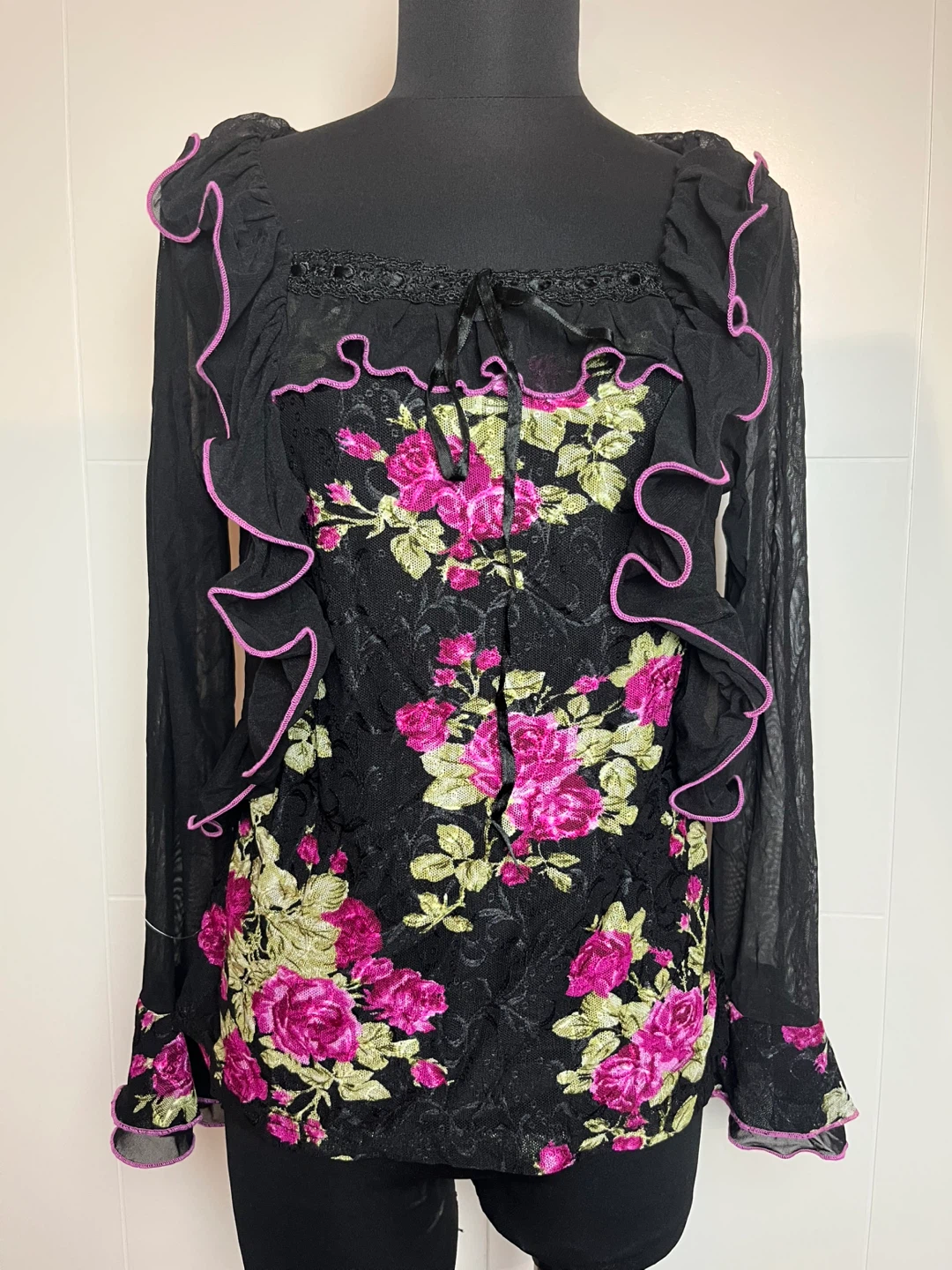 Artico Black Floral Ruffle Blouse Size M