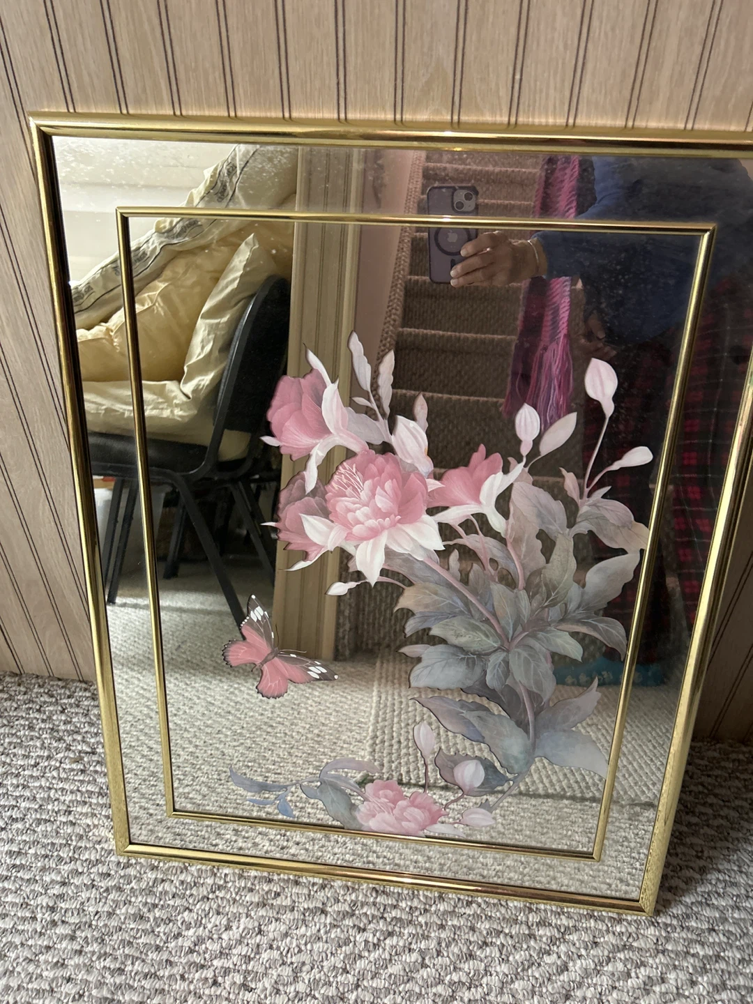 Floral Etched Glass Art in Gold Frame