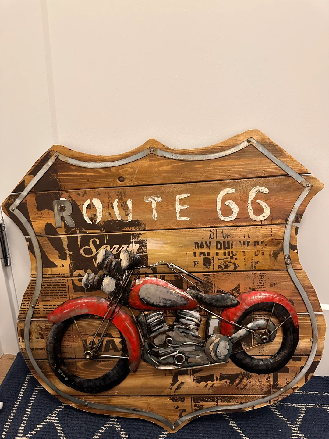 Route 66 Motorcycle Metal & Wood Sign