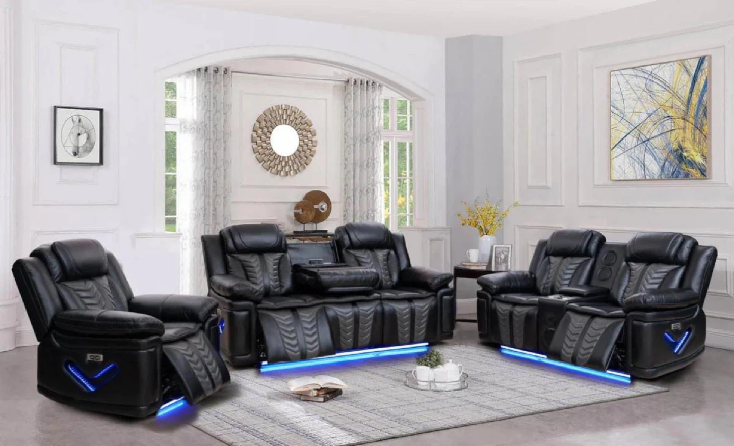 Black Leather Home Theater Seating Set