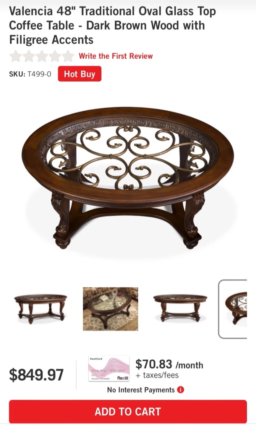 Valencia 48" Oval Glass Top Coffee Table