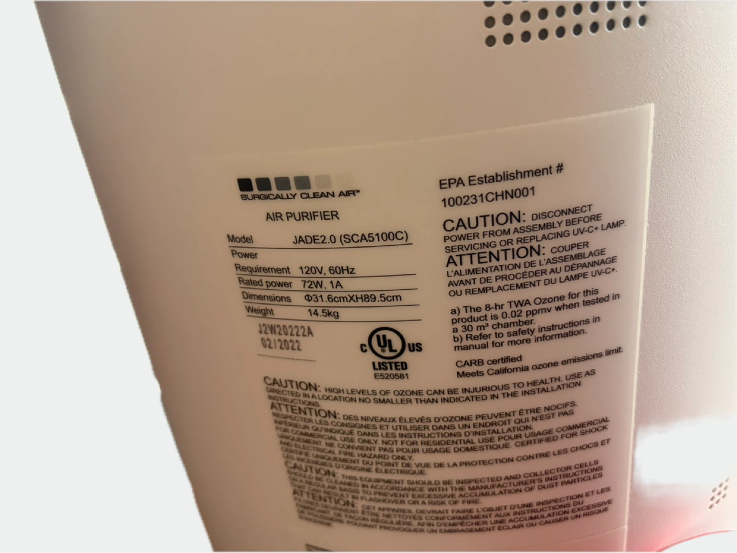 Surgically Clean Air Jade 2.0 Air Purifier – Excellent Condition - photo 3