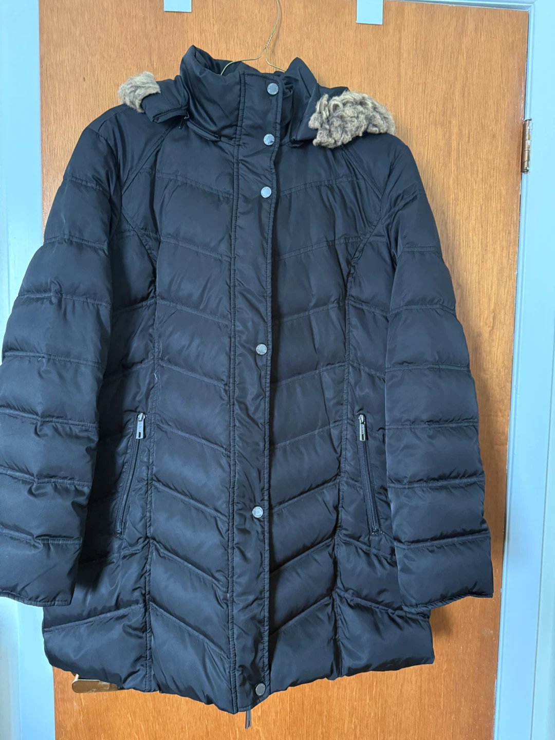 Black Puffer Coat with Fur Hood