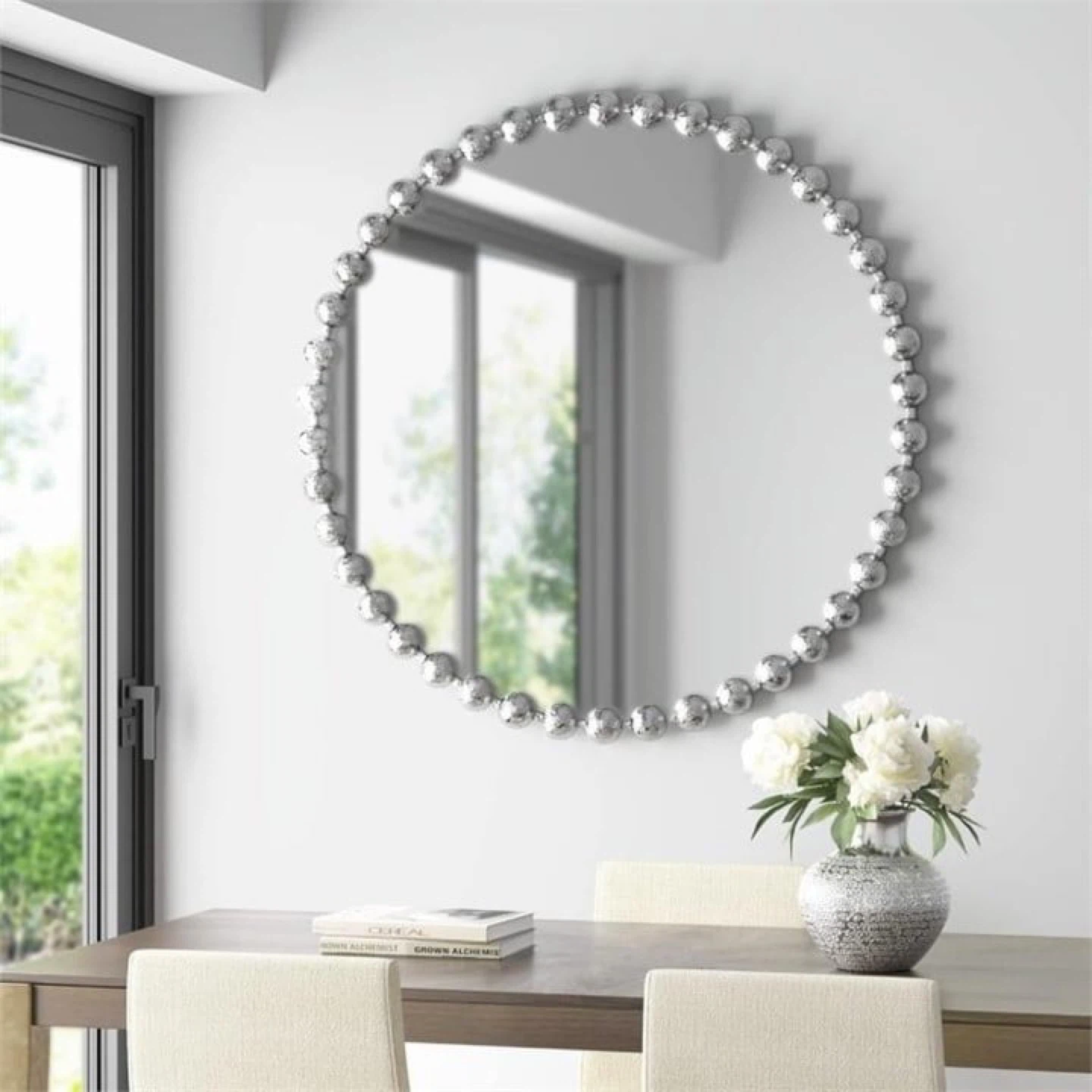 Brand new metallic Silver Beaded Round Wall Mirror - 27 Inch