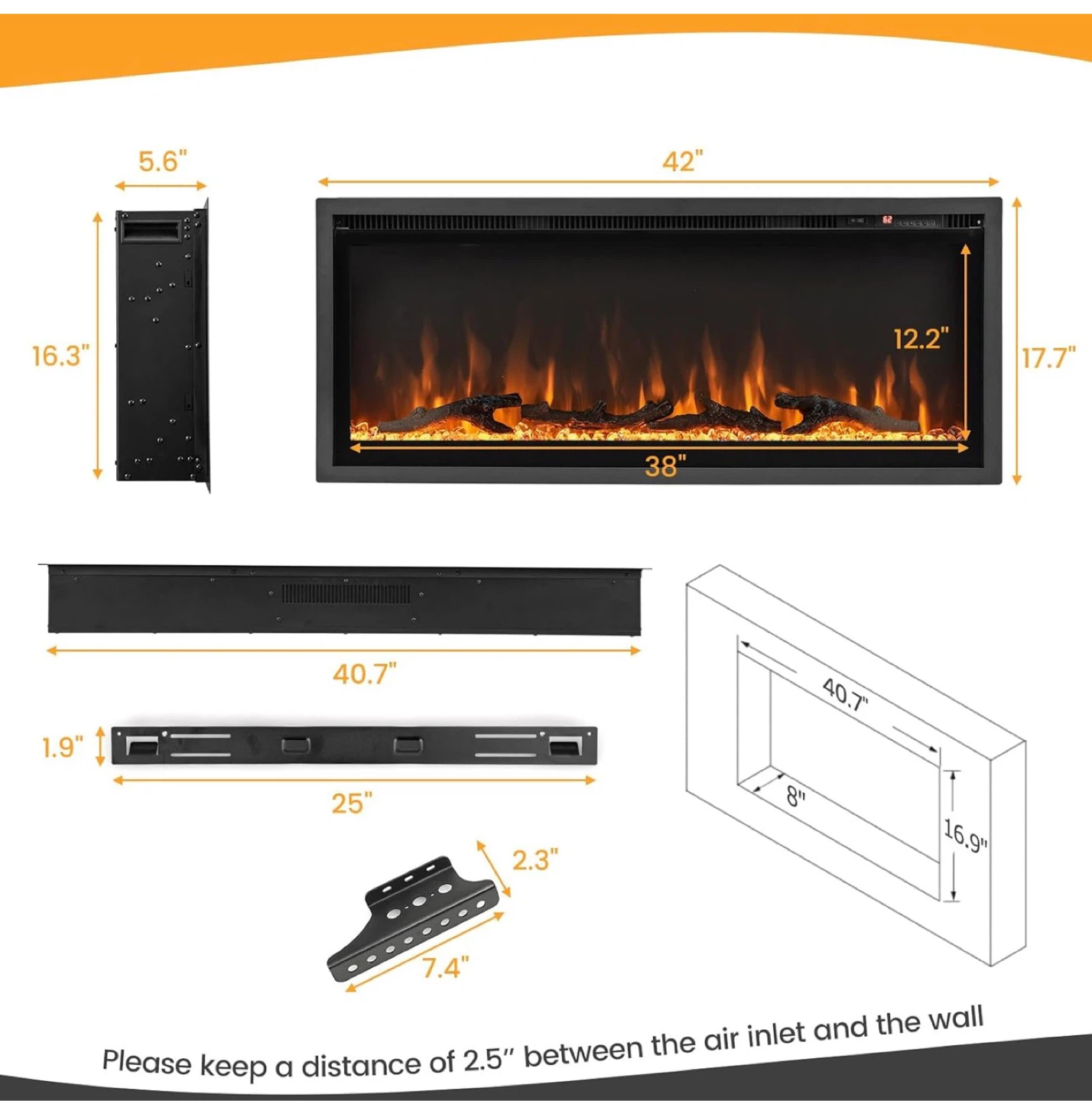 42-inch Electric Fireplace with 9 Flame Colors - photo 3