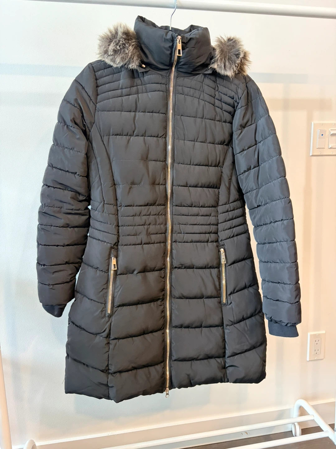 Black Puffer Coat with Faux Fur Trim