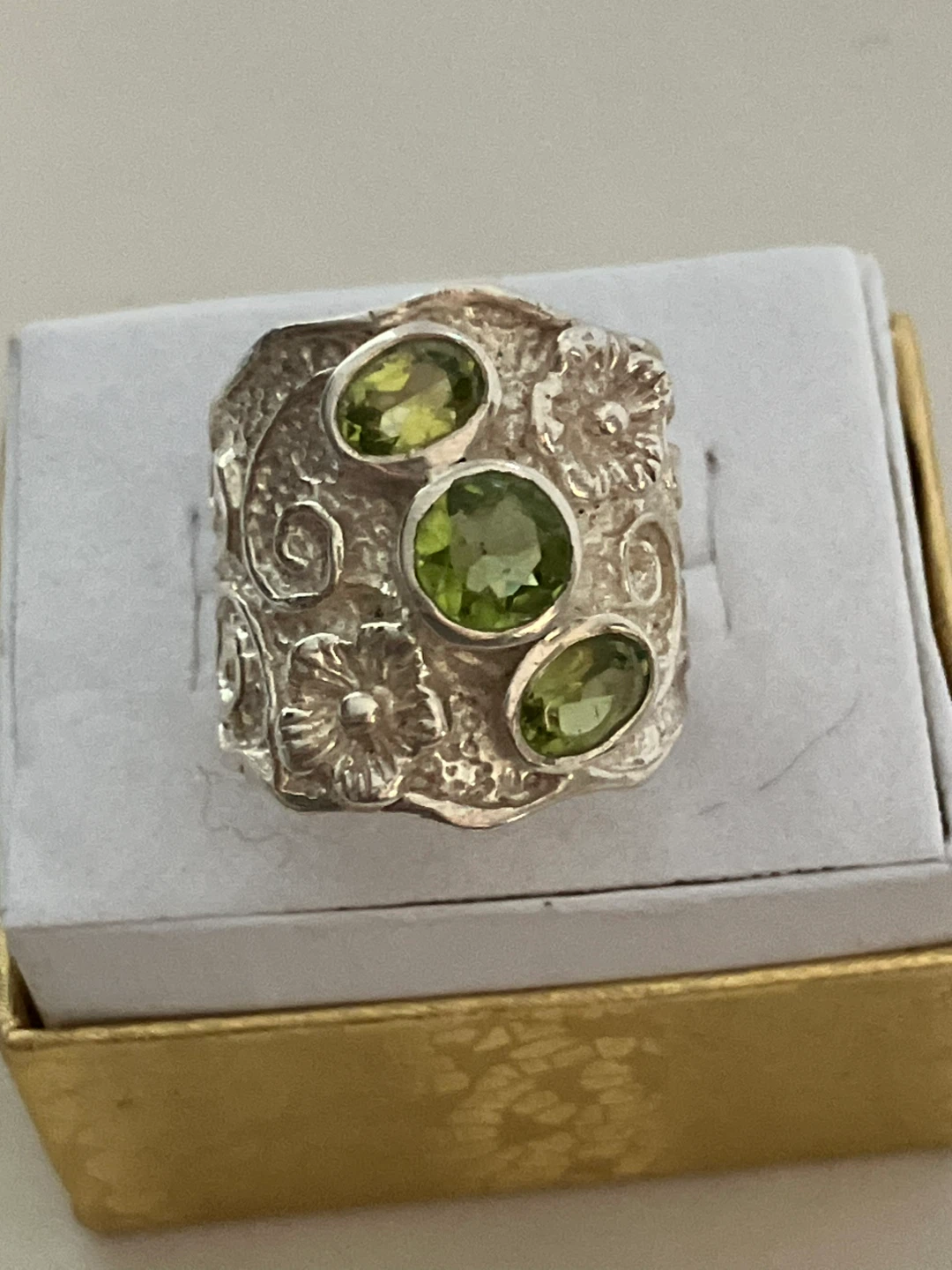 Sterling Silver Ring with Peridot Stones, Size 6