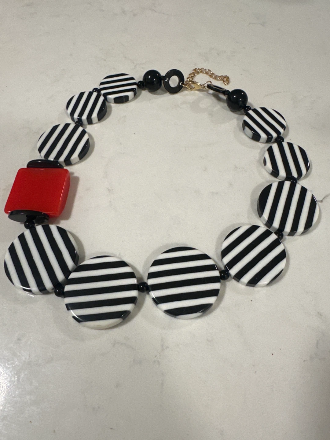 Striped Black & White Necklace w/ Red Accent