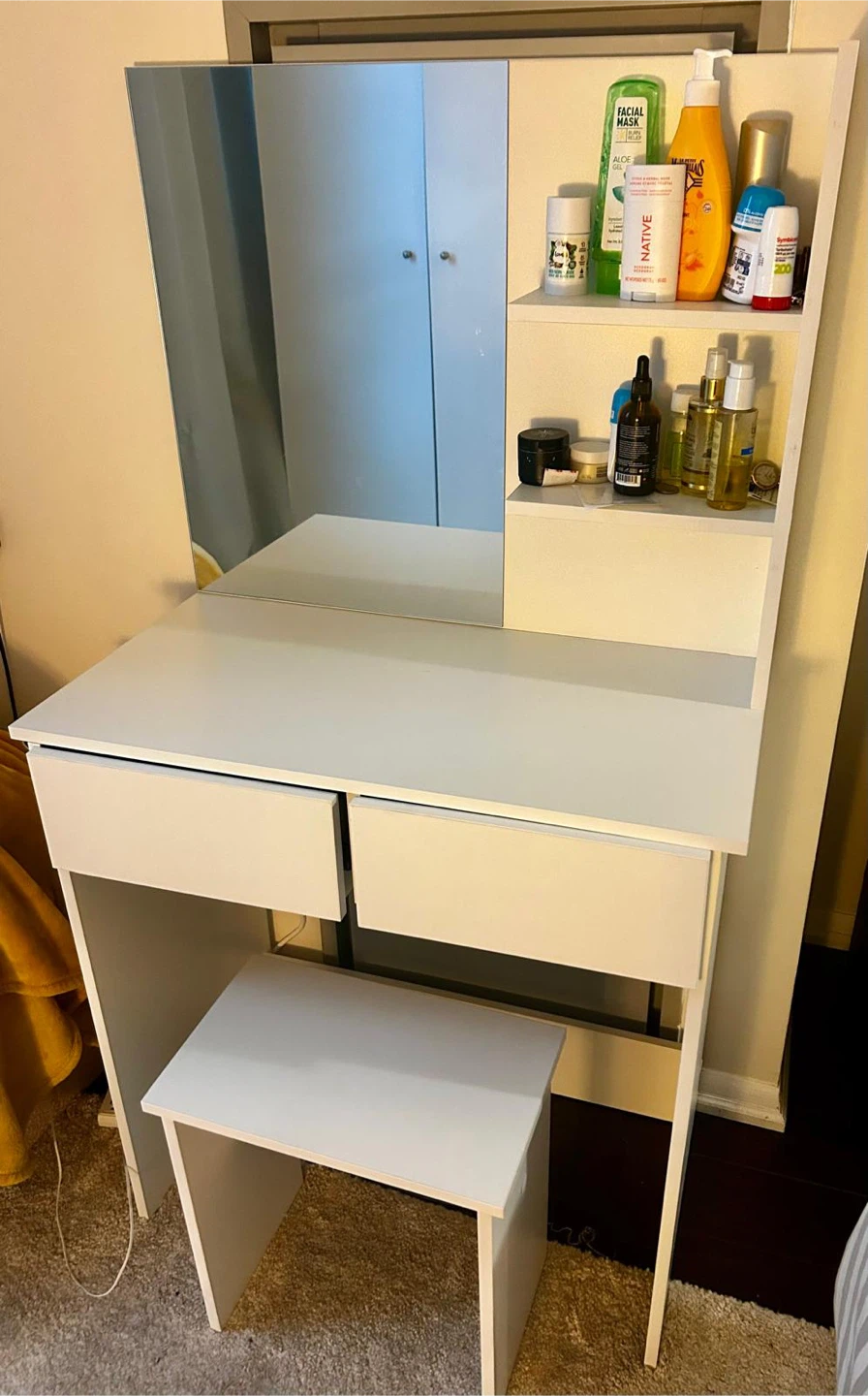 White Vanity Table with Mirror & Stool - photo 3