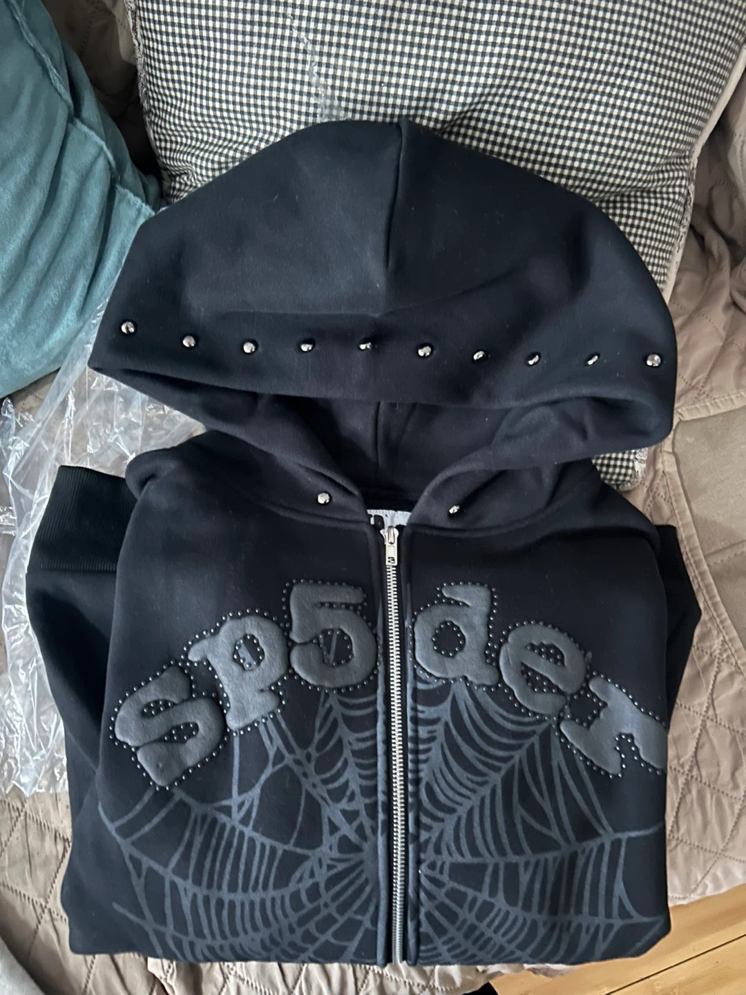 SP5DER Black OG Web Studded Zip Hoodie - Size M
