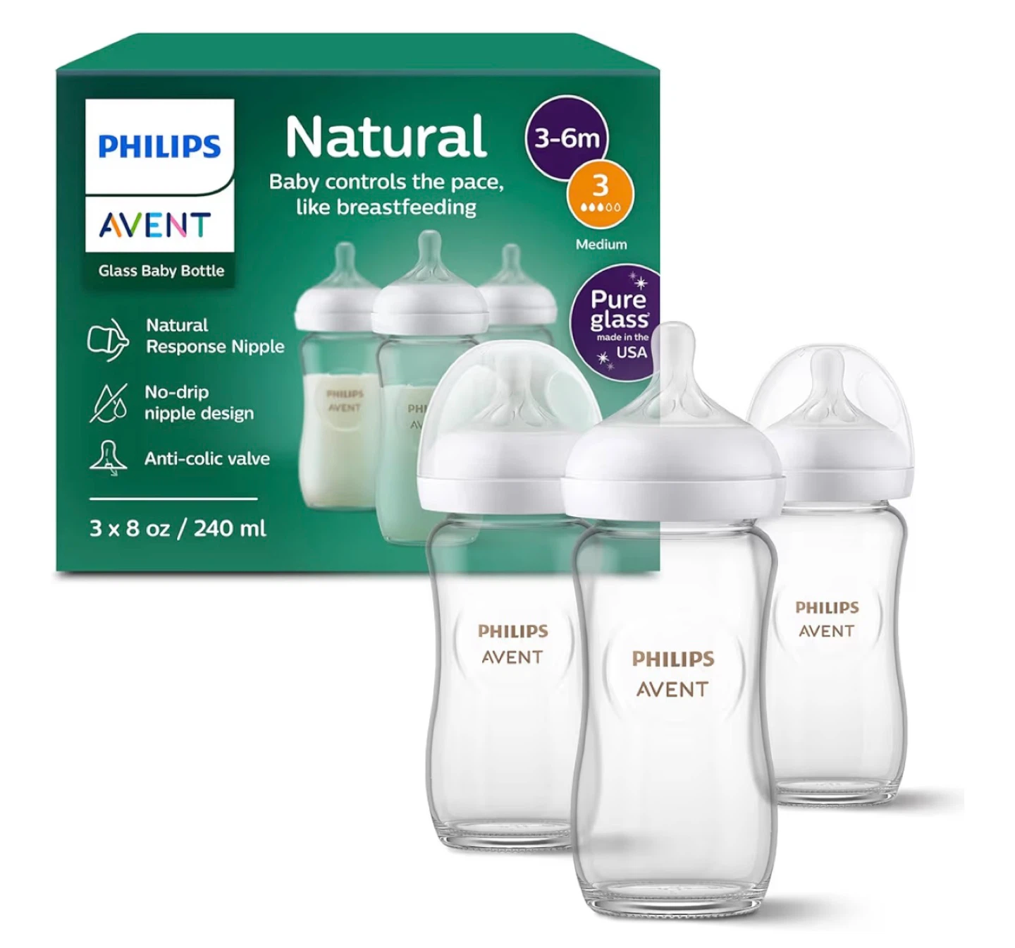 Brand New Philips Avent Natural Glass Baby Bottles 8oz (3-Pack)