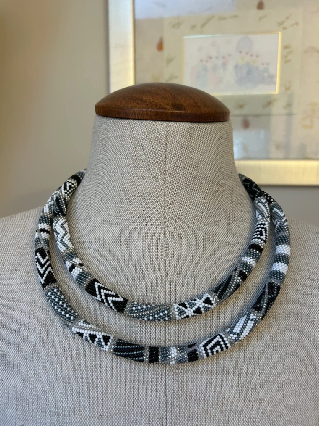 Handmade Beaded Necklace - Black, White & Grey