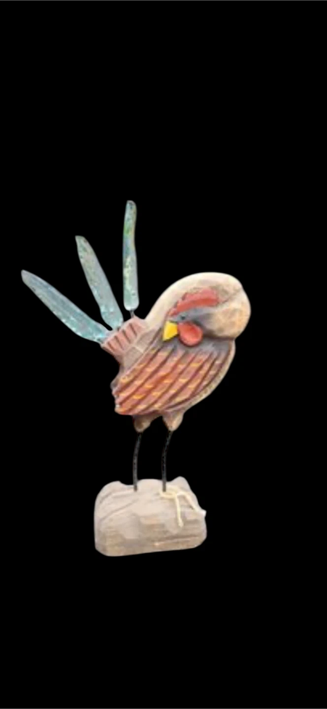 16” Tall Hand Carved Wood Rooster Figure Signed by artist