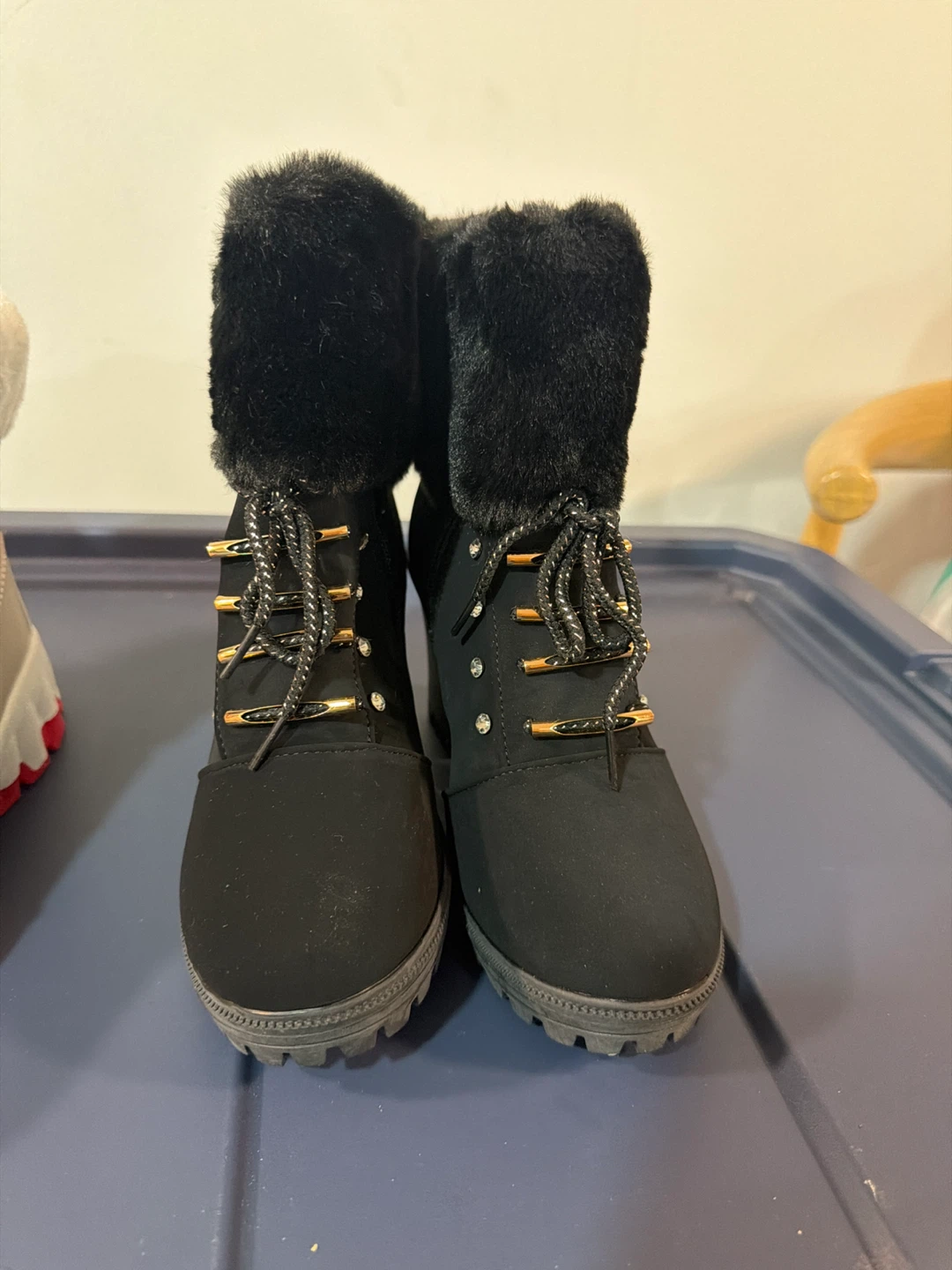 Black Heeled Ankle Boots with Fur Trim