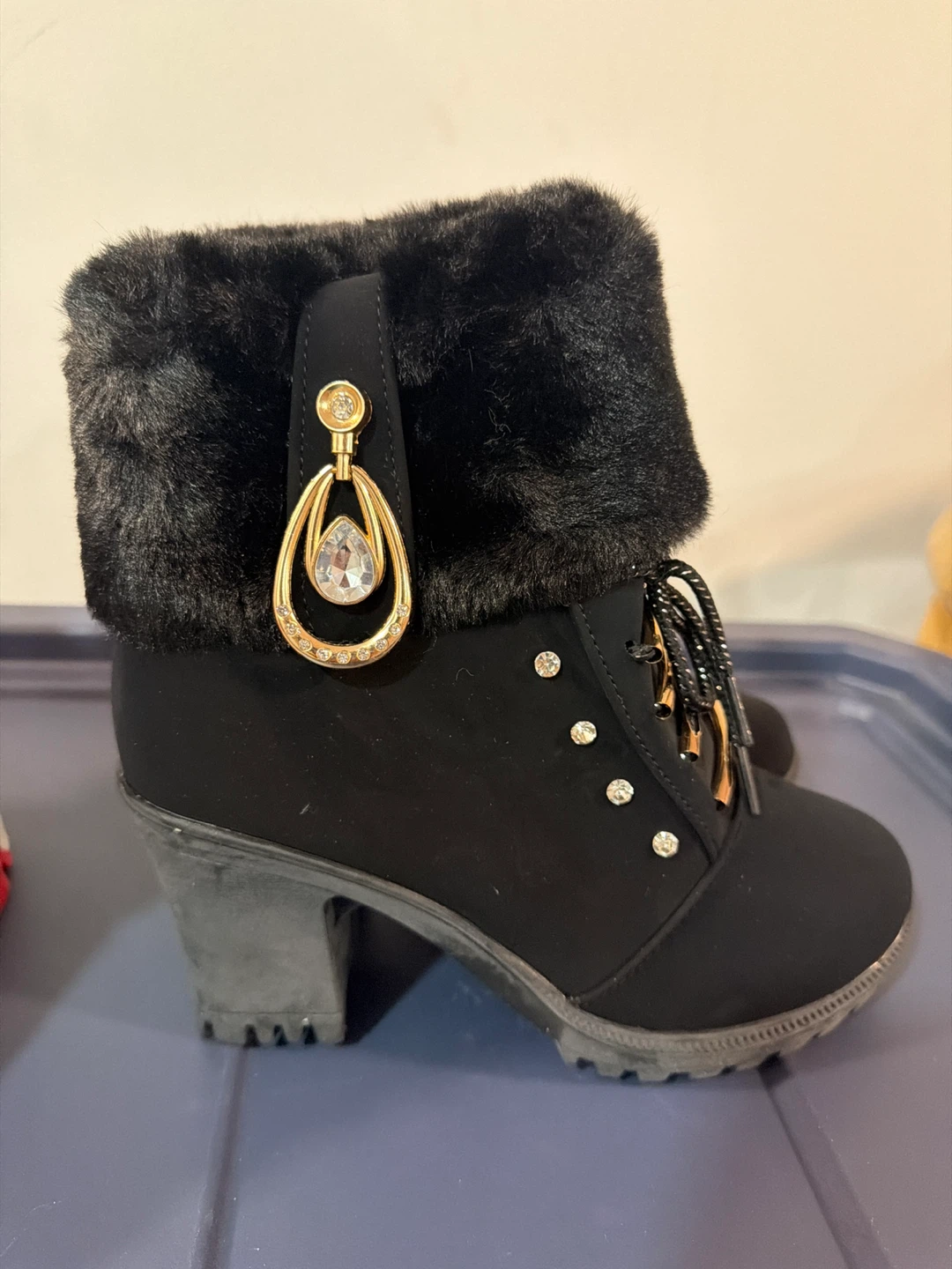 Black Heeled Ankle Boots with Fur Trim - photo 2