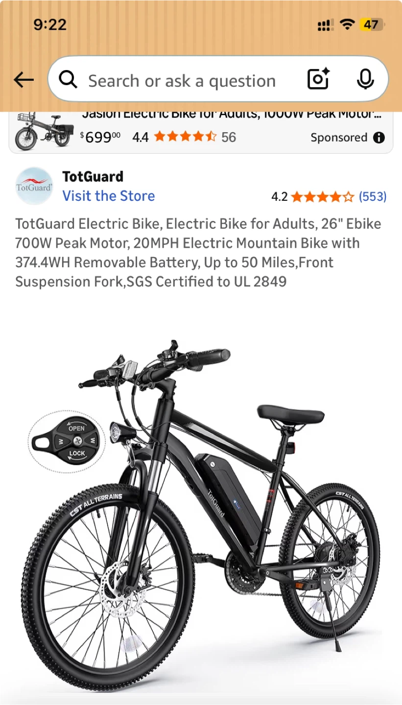 TotGuard Electric Bike 26" Ebike for Adults - Like New!