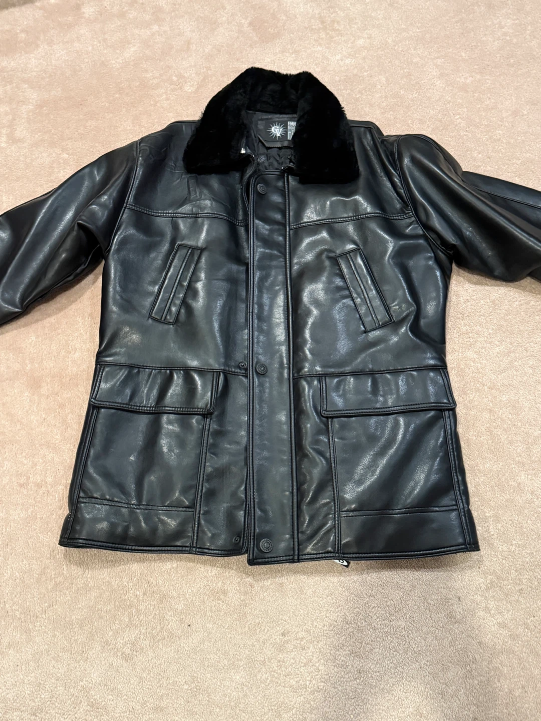 Emporio Black Leather Jacket with Fur Collar size L
