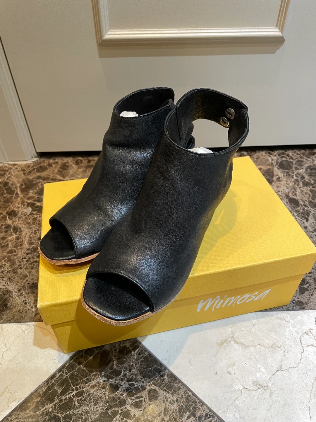 Mimosa Black Leather Open Toe Booties - Size 36