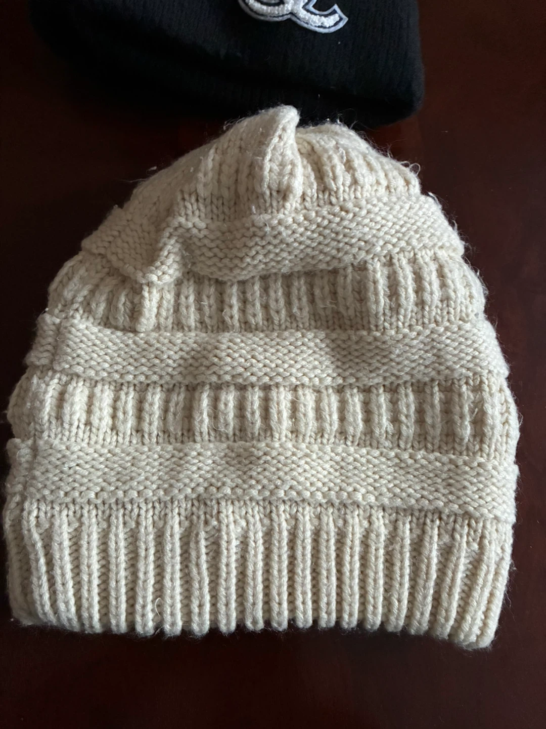 $4 warm Knit fleece lined winter hat toque women cream
