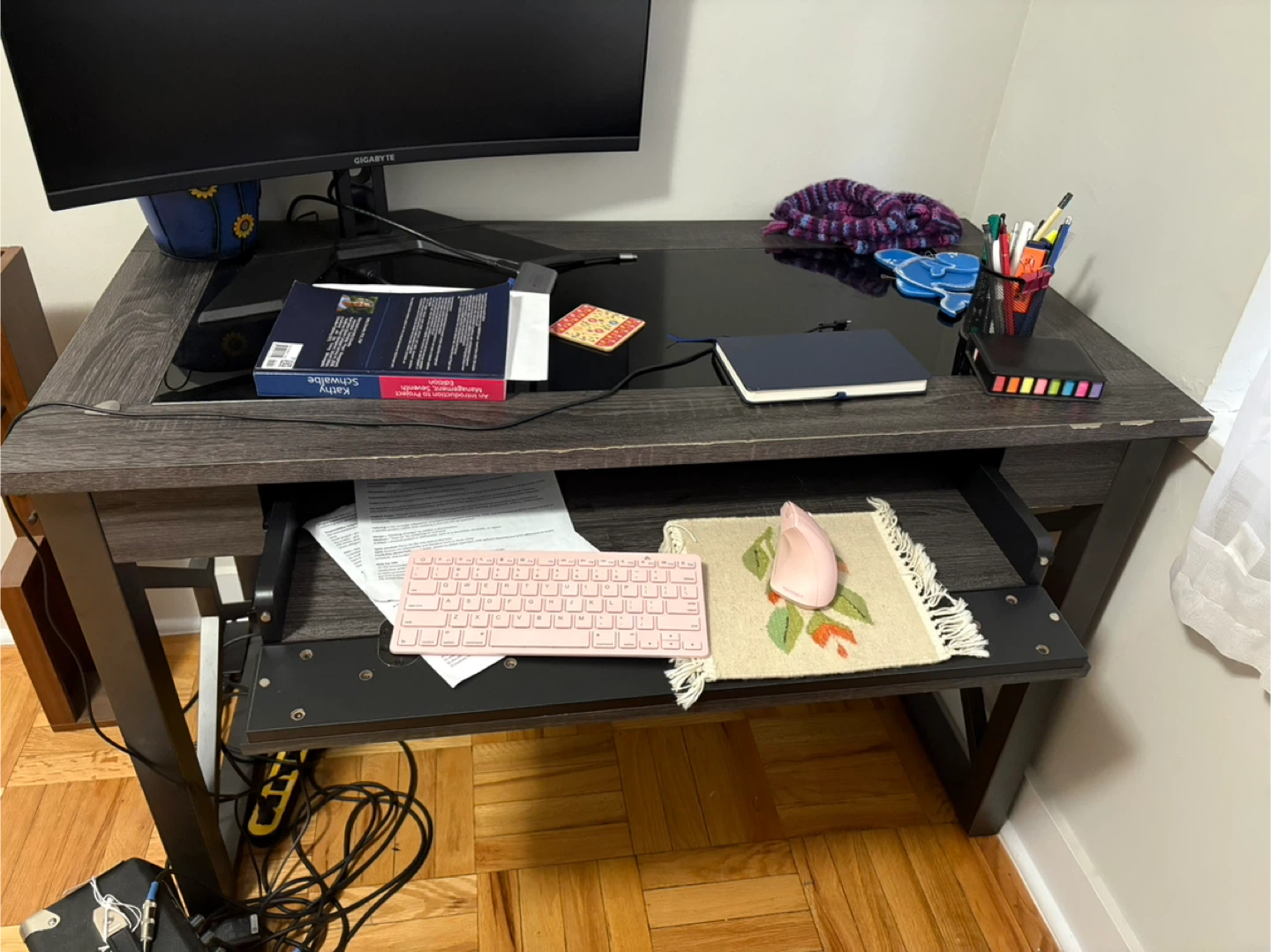 Grey Computer Desk with Pull-Out Keyboard Tray - photo 2