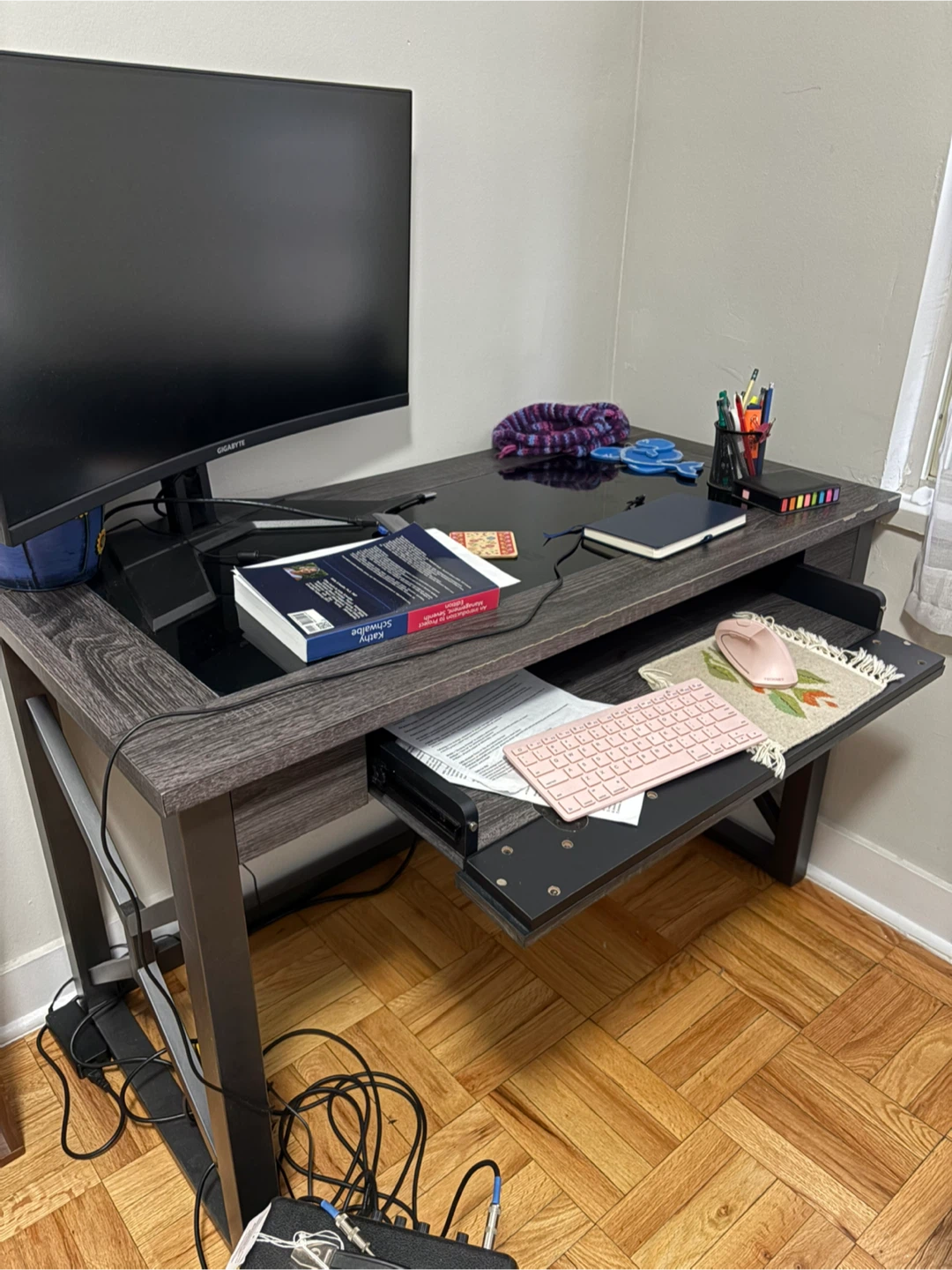 Grey Computer Desk with Pull-Out Keyboard Tray