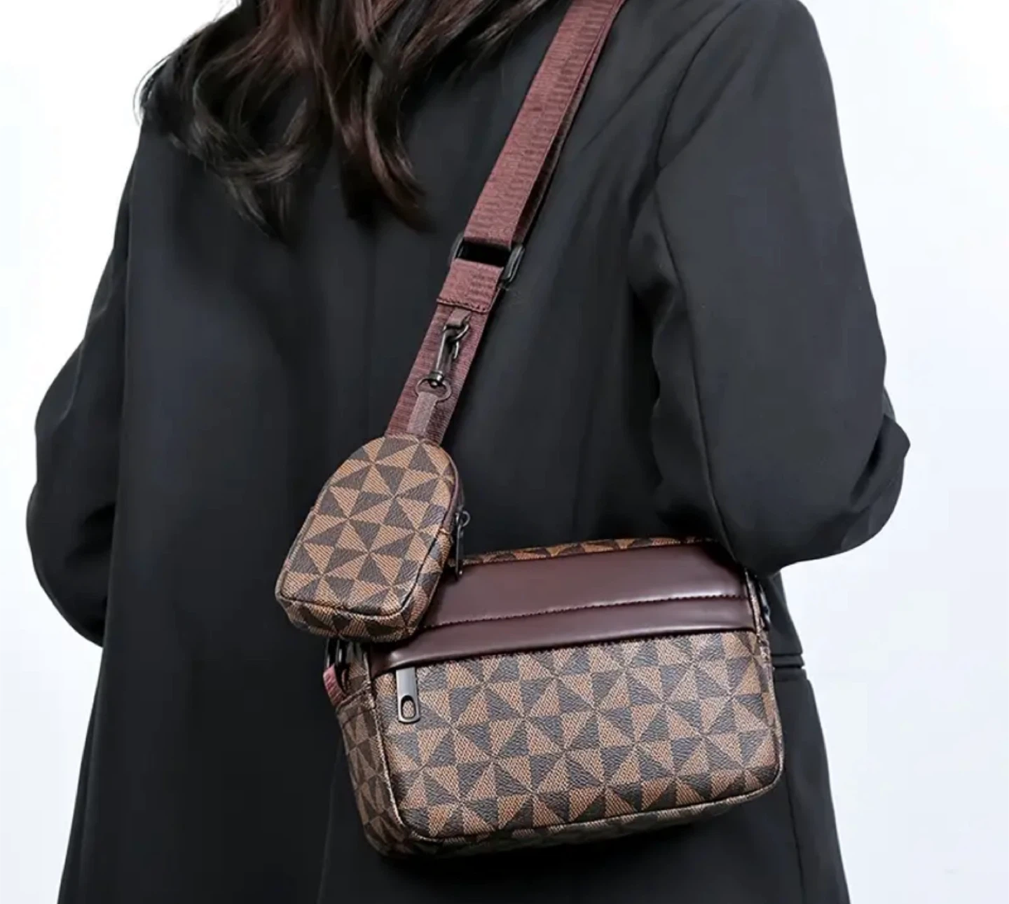 Brown Patterned Crossbody Bag with Pouch - photo 2