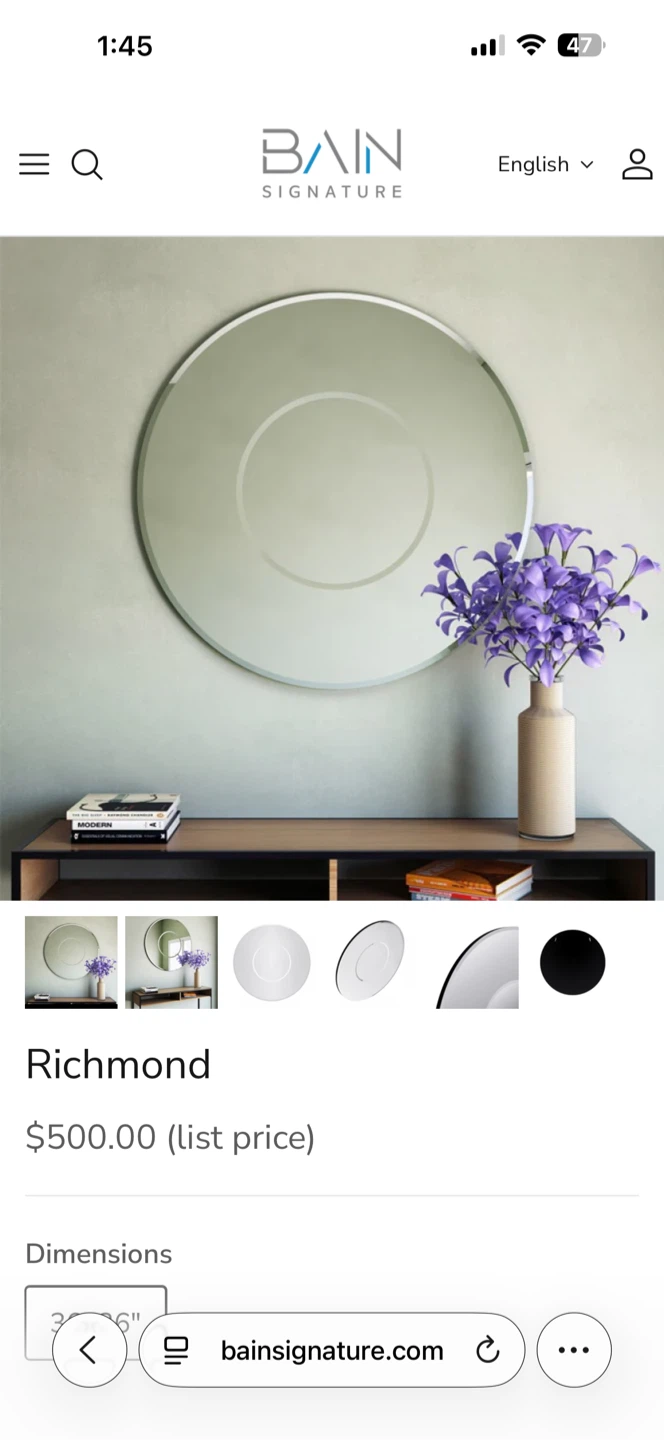 Bain Signature Richmond 36" All-Glass Round Mirror - New!