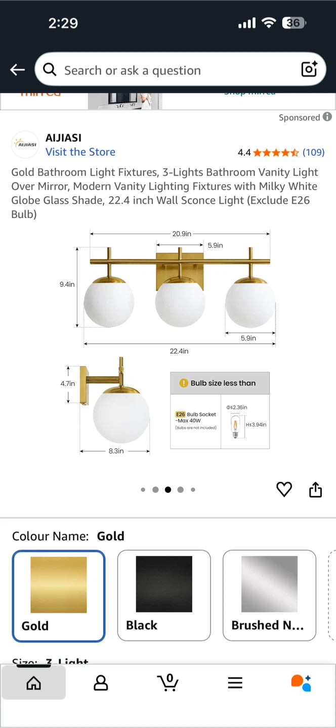 AIJIASI Gold 3-Light Bathroom Vanity Light - photo 3