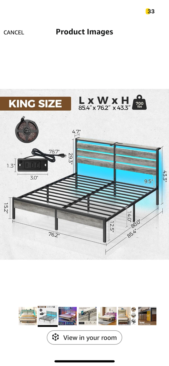 King Size Bed Frame with LED Lights