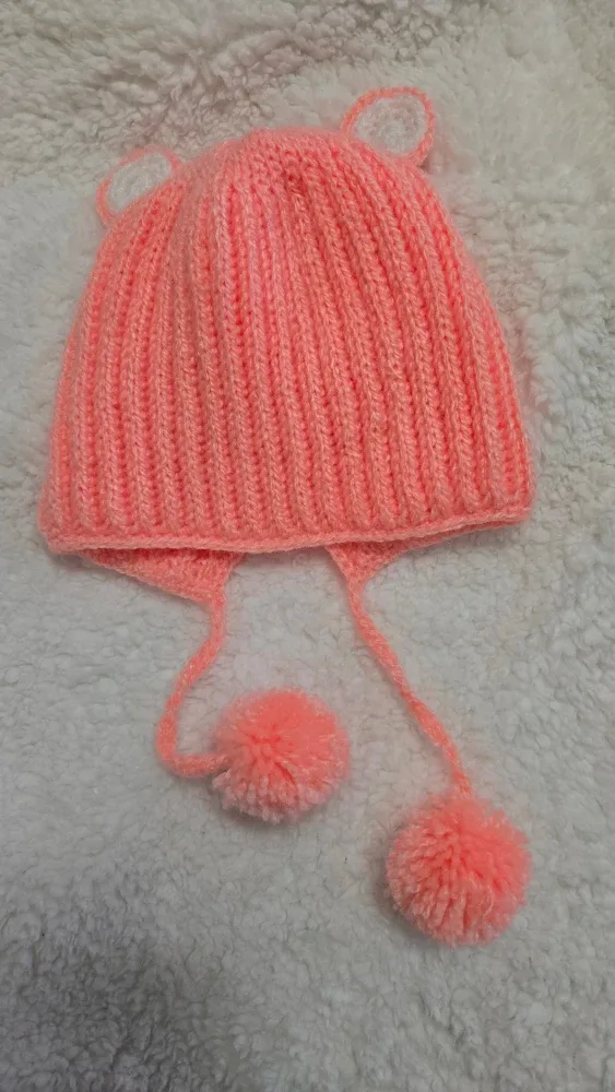 Handmade Knitted Pink Bear Hat