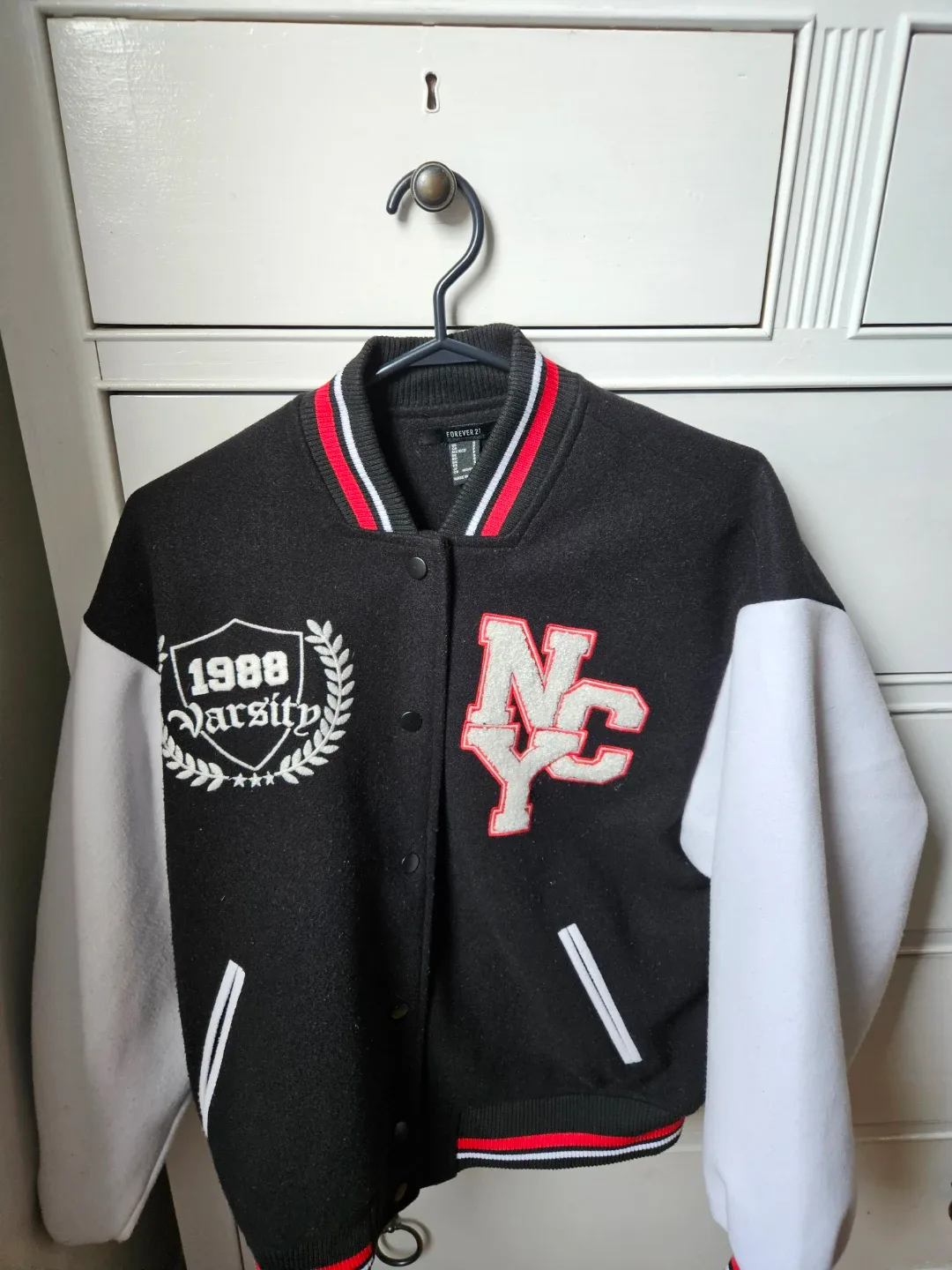 Forever 21 NYC Varsity Jacket Size Small Women's Black image indicator(3)