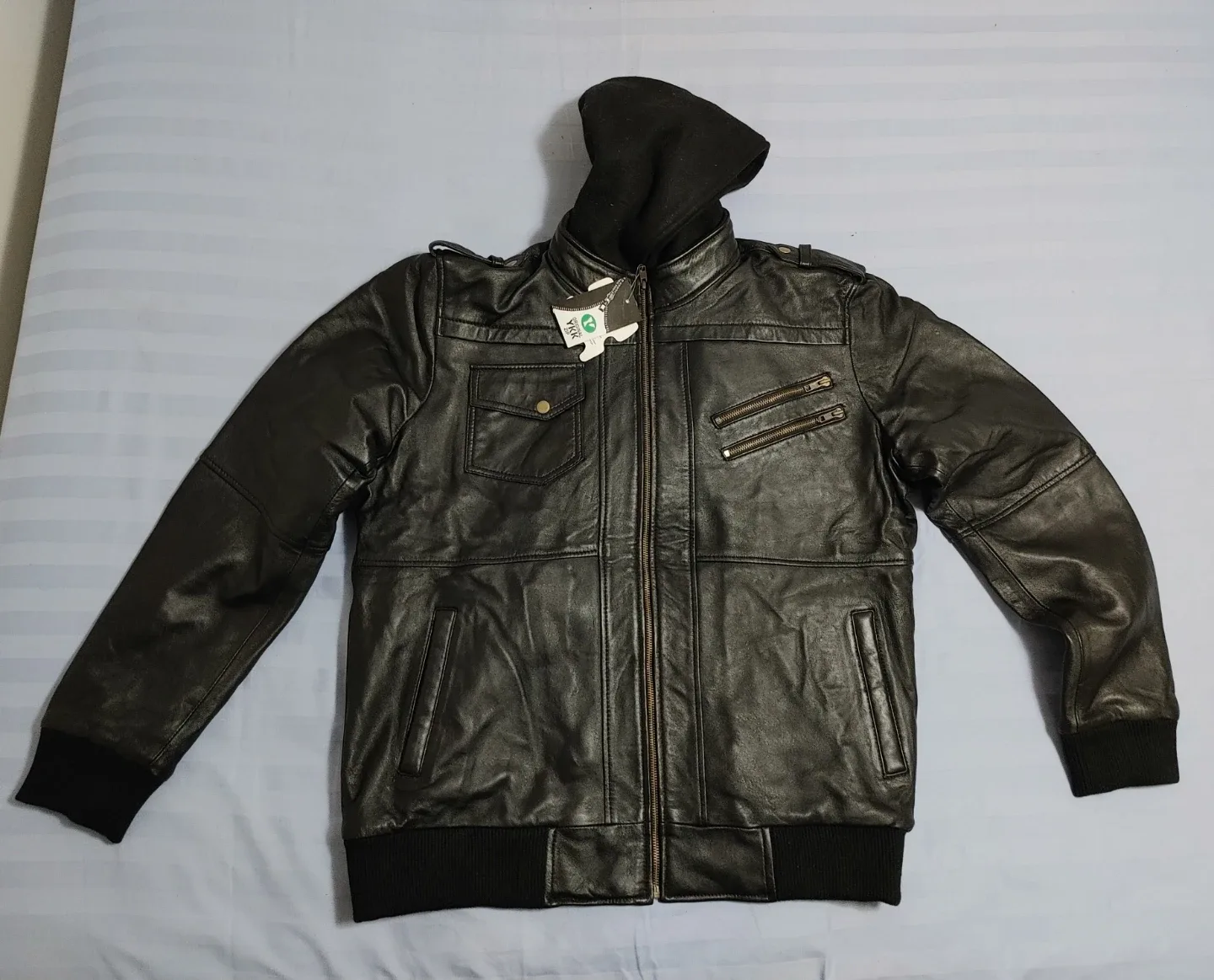 Black Leather Jacket with Hood for Men
