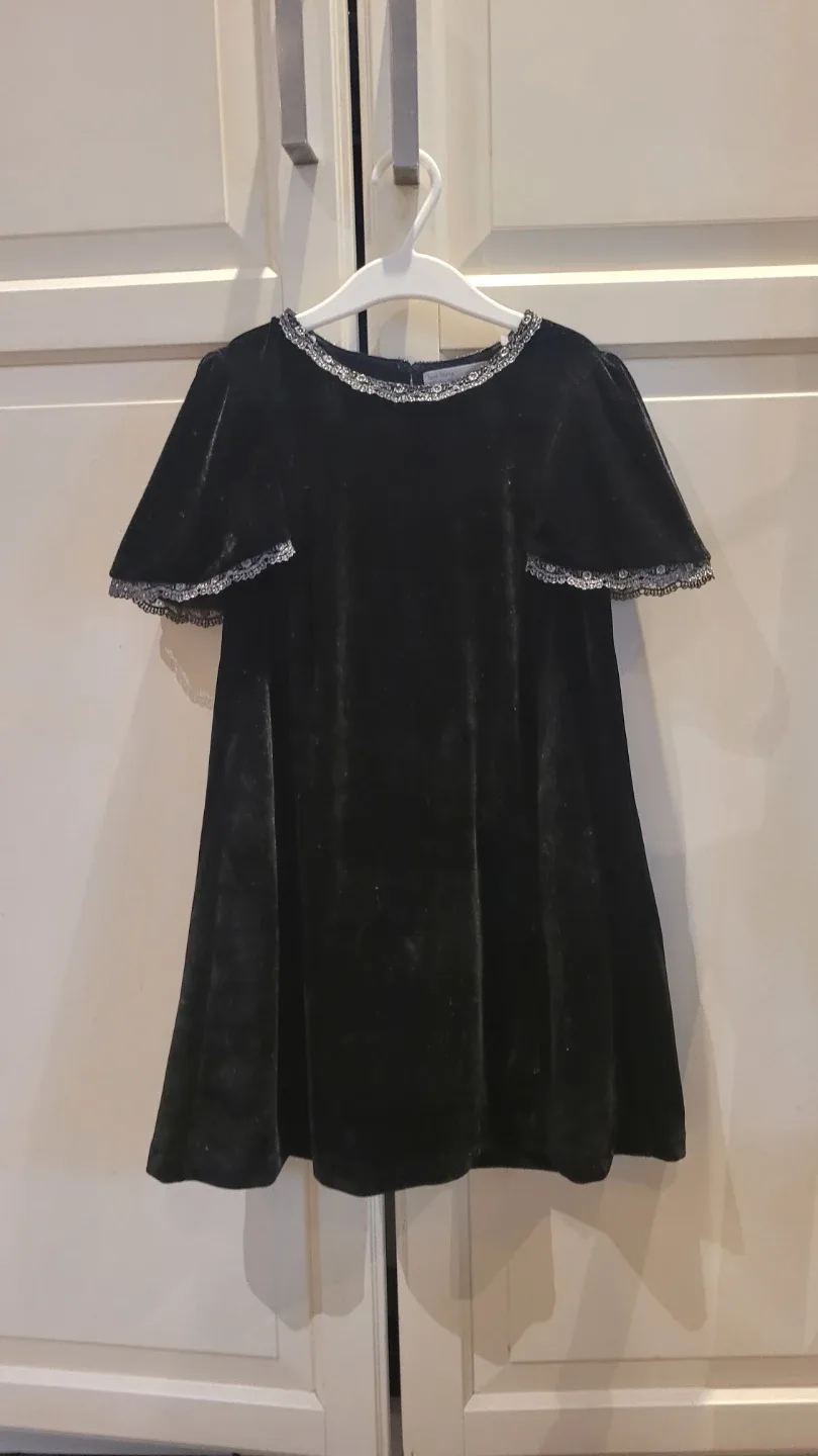 Black Velvet Dress with Lace Trim