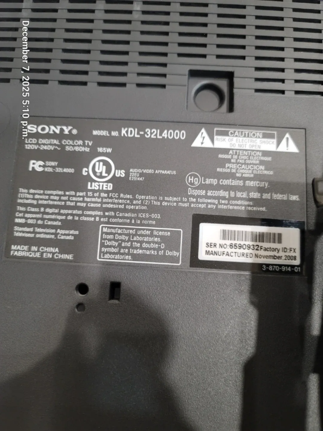 Sony KDL-32L4000 32" LCD TV image indicator(2)