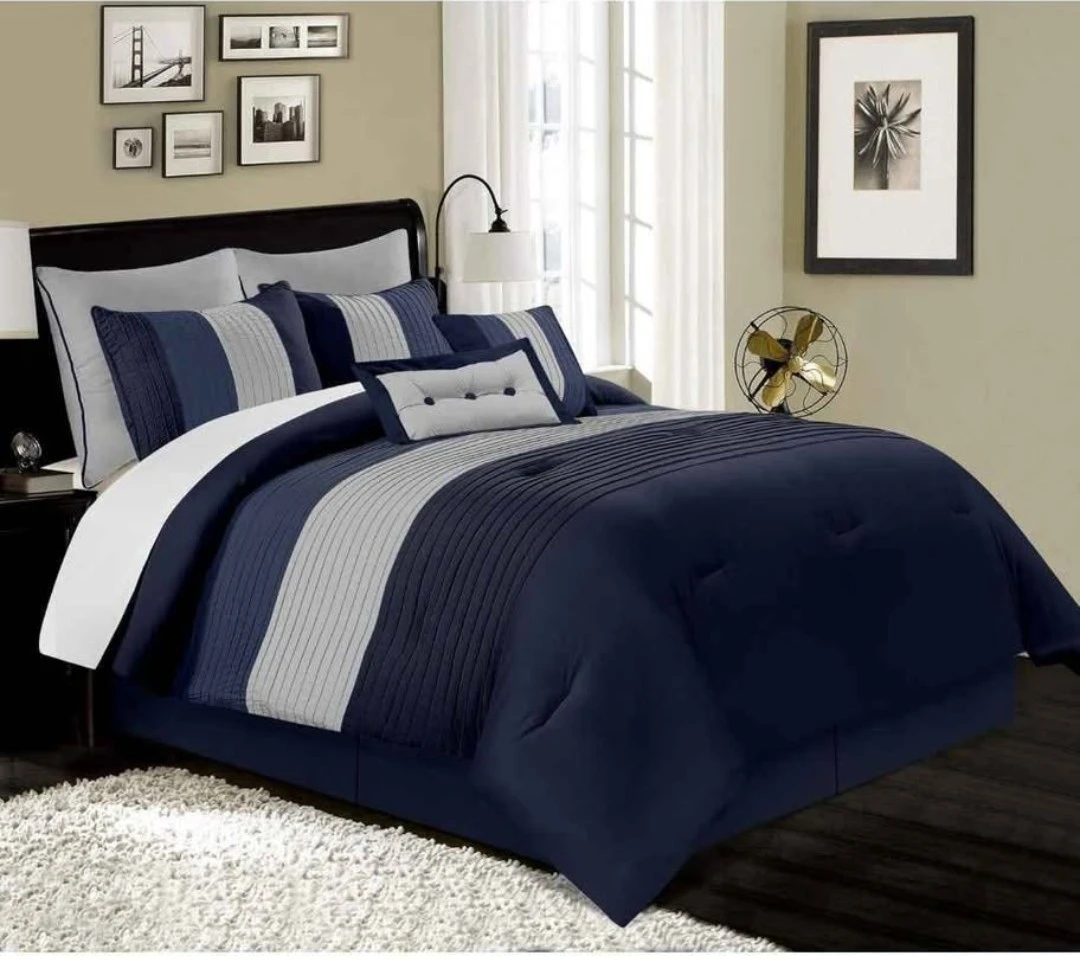 Navy & Grey Stripe Bedding Set - New in Box!