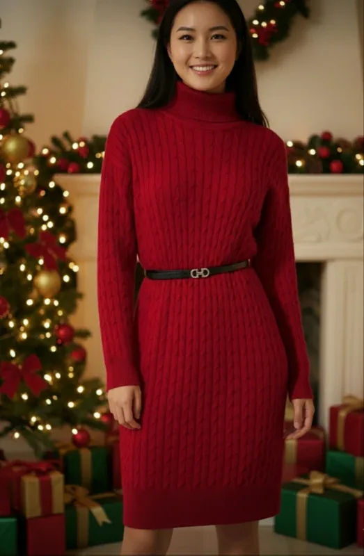 Red Cable Knit Turtleneck Dress