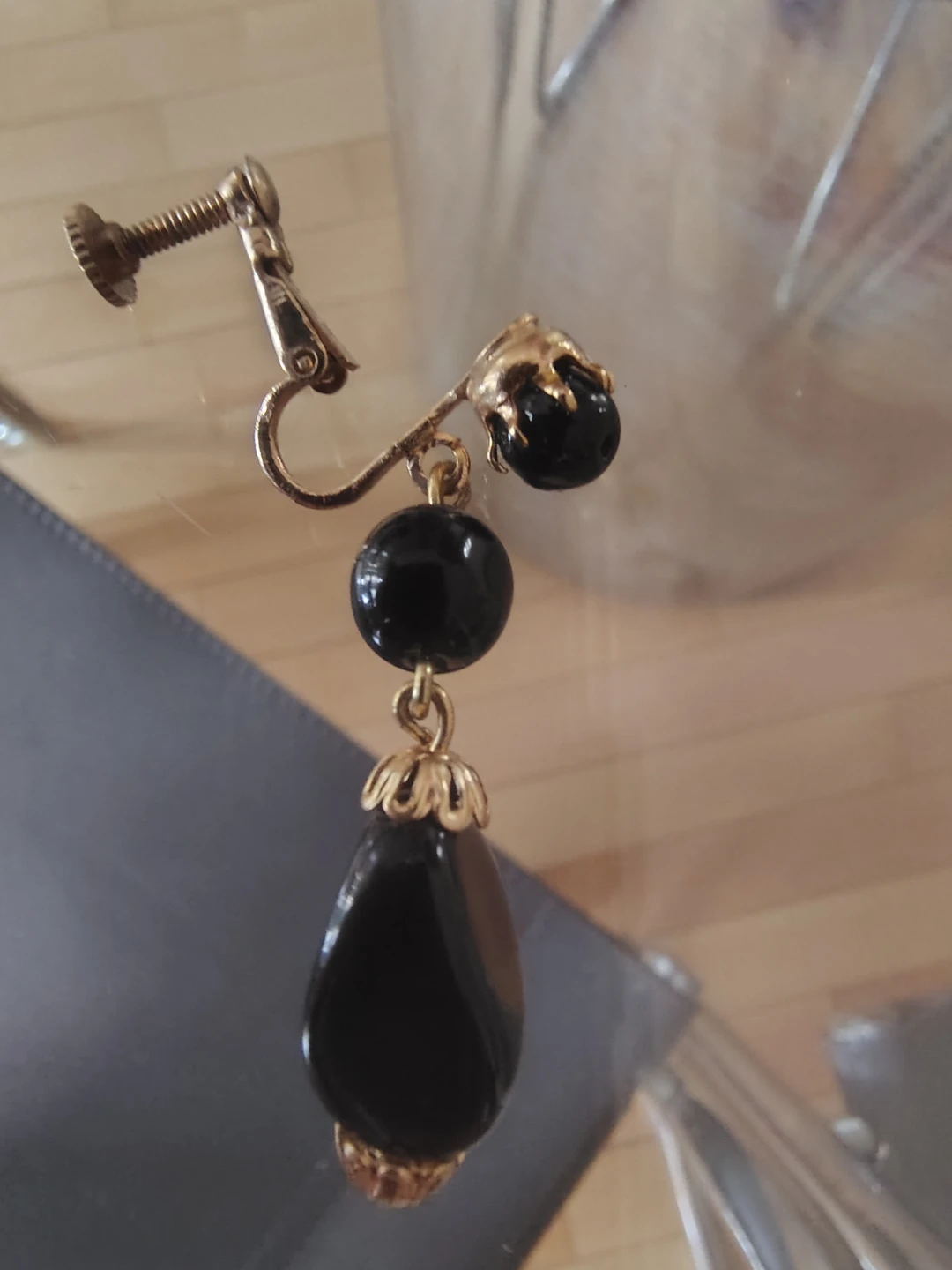Vintage Bohemian (Czech) Jet Black Glass Teardrop Earrings -NOS - photo 2