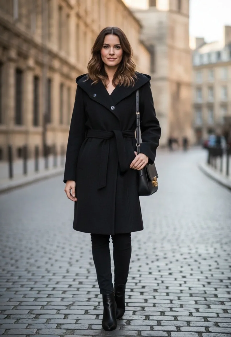 NWT  Andrew Marc Women's Boucle Belted, Hooded Black Coat