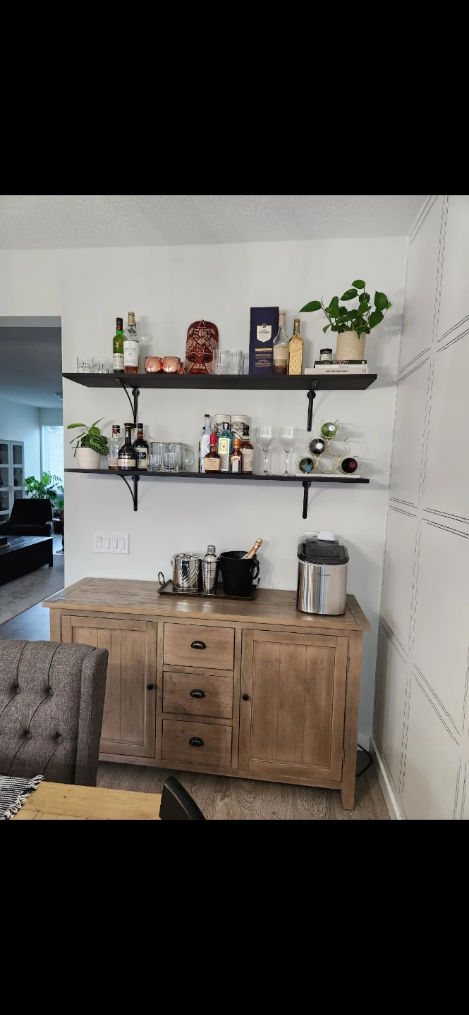 Large wooden sideboard with custom bar shelves