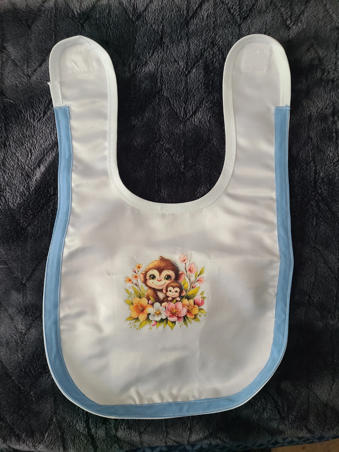 Monkey Print Baby Bib - Blue Trim
