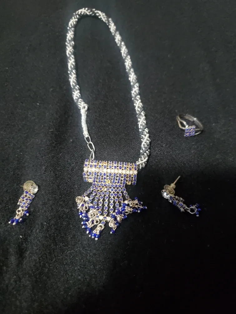 Necklace, Ring, Earring Set - Blue & Silver