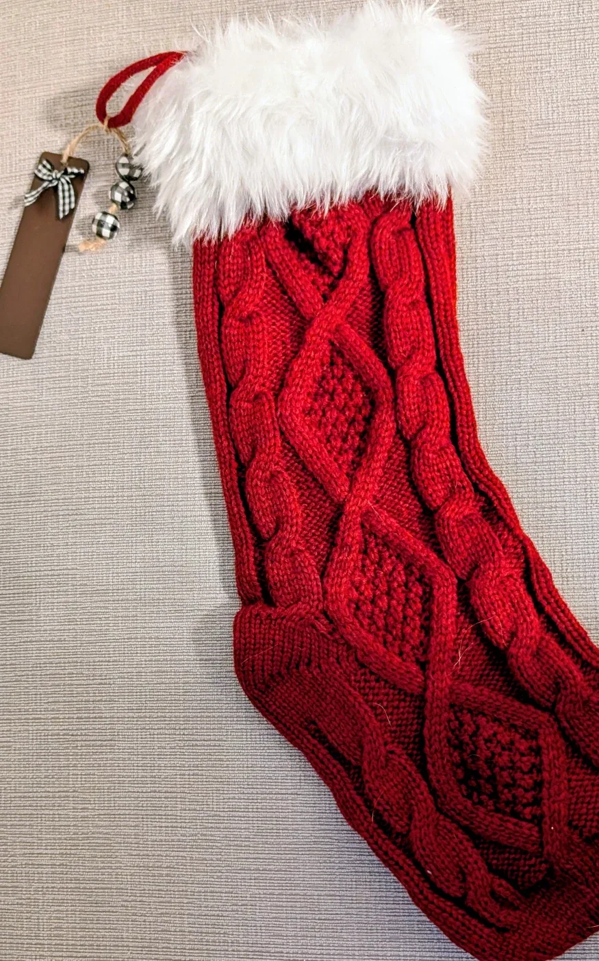 Brand New Red Knit Christmas Stocking w/ Faux Fur Cuff