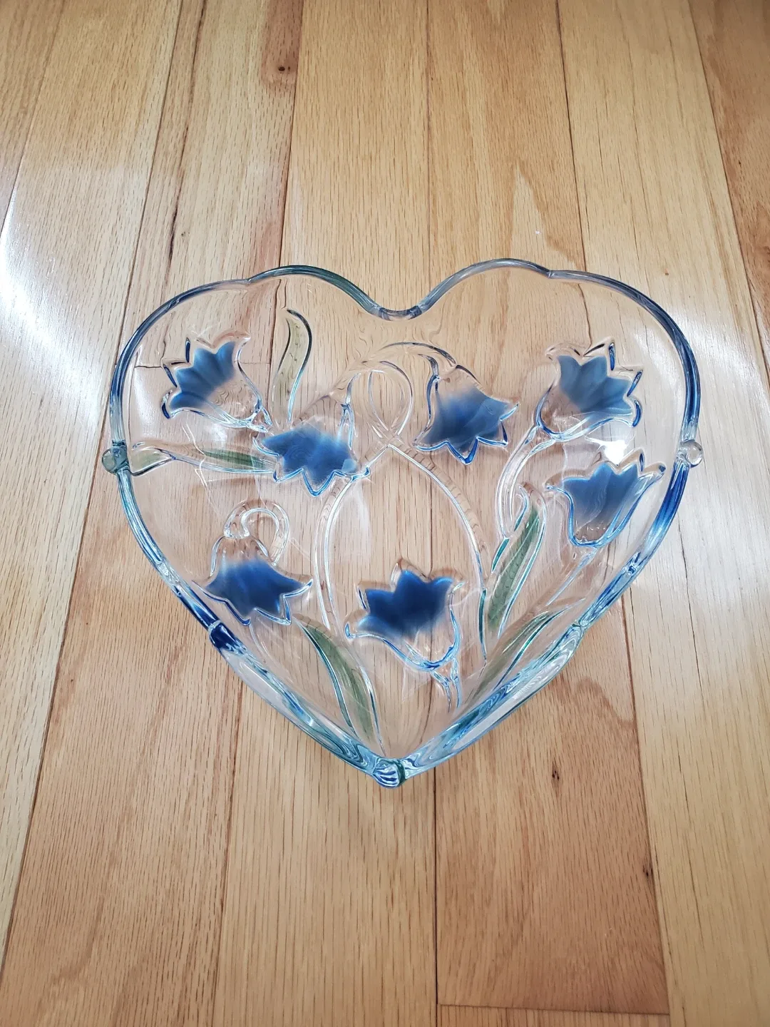 Heart Shaped Glass Bowl with Blue Flowers