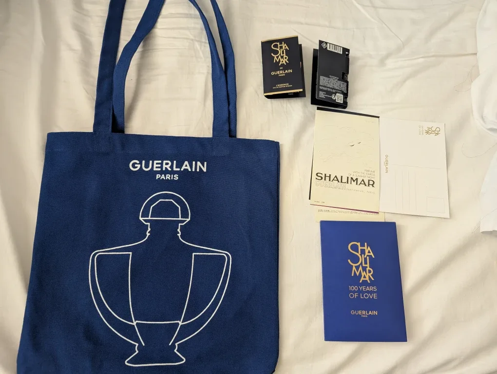 Guerlain Paris Tote Bag & Shalimar Perfume Sample 1ml x 2