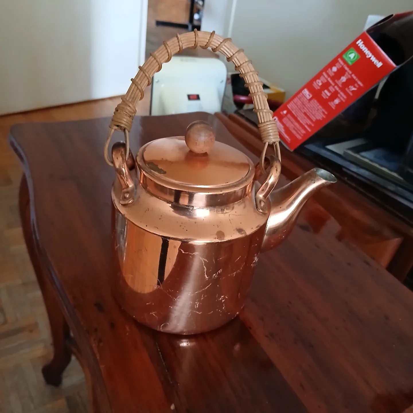Vintage Copper Teapot with Rattan Handle
