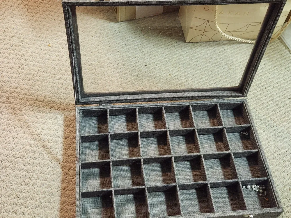 Jewelry Organizer with glass cover and grey fabric #Cleanout